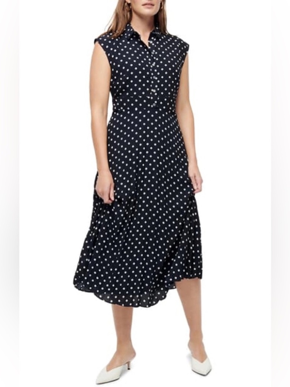J Crew Midi Shirt Dress - size 6 - pleated skirt - navy and white polka dots